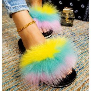 Rainbow Jeweled Lined Faux Fur Slides